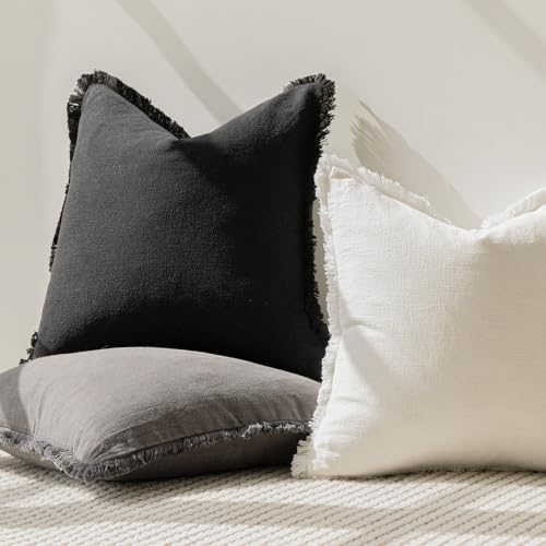 Foindtower Set of 2 Decorative Linen Fringe Throw Pillow Covers Cozy Boho Farmhouse Cushion Cover with Tassels Soft Accent Pillowcase for Couch Sofa Bed Living Room Home Decor, 16×16 Inch, Black - color: Black, size: 16" x 16" (Pack of 2)