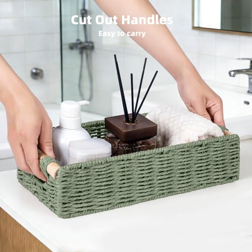 CubesLand Back of Toilet Storage Basket for Organizing w/Cut Out Handle, Handwoven Toilet Tank Top Paper Baskets, Small Wicker Decorative Basket for Countertop, Home, Living Room, Nursery, Green - color: Green, size: S-12.99" (L) X 6.29" (W) X 3.15" (H)