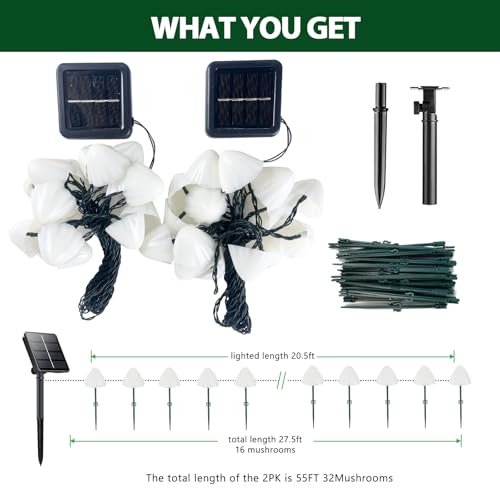 OZS 2PK 32LED 55FT Mushroom Solar Garden Lights Outdoor, Solar String Lights Waterproof with 8 Lighting Modes, Solar Garden Decor for Outside, Pathway Light for Yard Decoration (Cool White) - color: Mushroom-Cool White
