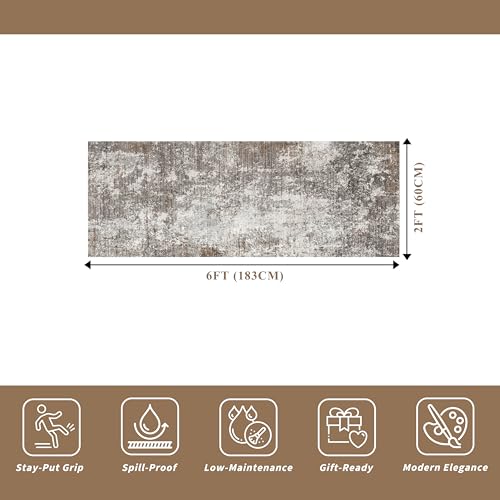 2x6 Runner Rug Non-Slip Washable for Kitchen Hallway - Modern Abstract Neutral Carpet Runner for Bedroom Bedside Laundry Room Entryway – Soft Low-Pile Stain-Resistant (Brown Beige, 2x6) - color: Brown Beige, size: 2' x 6' (Rectangular)