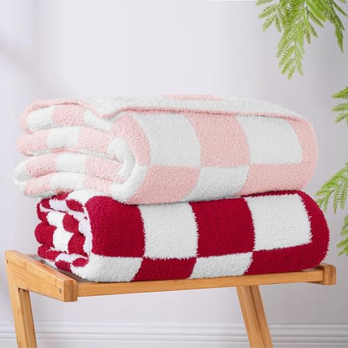 Exclusivo Mezcla Checkered Twin Size Knit Blanket for Bed, Ultra Soft and Warm Reversible Woven Blankets, Cozy Snuggly Throw for Couch Bed and Home Decor, Pink, 60"x80" - color: Pink, size: Twin (60"x80")