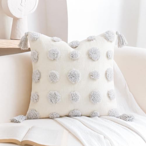 PANOD Super Soft Farmhouse Decorative Plush Throw Pillow Covers 16 x 16 White,Solid Pom pom Tufted with Tassels Modern Accent Boho Square Cushion Cover Pillow Case for Couch Sofa - color: White, size: 16" x 16" (Pack of 1)