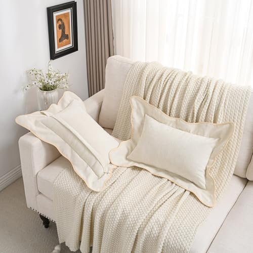 FUTEI Pack of 2 Solid Scalloped Bordered Throw Pillow Covers 12x20 Inch Soft Chenille Decorative Lumbar Pillow Cases Farmhouse Accent for Couch Bed Living Room, Beige - color: Beige, size: 20" x 12" (Pack of 2)