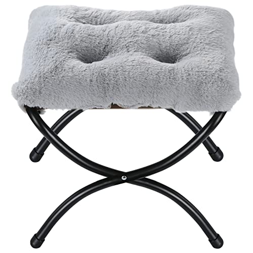15" Foldable Foot Stool Ottoman with Metal Frame - Washable Faux Fur Grey Upholstered Indoor/Outdoor Footrest for Living Room, Bedroom, Patio - Space-Saving Compact Design - color: Fleece-grey