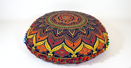 CRAFT KALA 32 Inch Meditation Floor Pillow Cover Round Pillow Seating Hippie Decorative Adults Bohemian Mandala Cushion Cover Outdoor Living Room Throw Ottoman Poufs Cover (New Blue Ombre) - color: New Blue Ombre