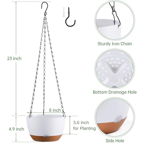 Set of 2 Hanging Planters for Indoor Outdoor Plants, 8 Inch Self-Watering Hanging Flower Pots with Drainage Hole & Removable Water-Storage Tray (Hooks) - color: White, size: 8 Inch (S)