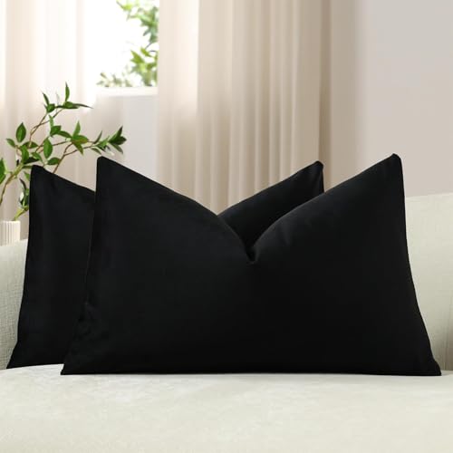 DEZENE Lumbar Pillow Covers 12x20 Black: Pack of 2 Cozy Soft Velvet Rectangular Modern Luxury Decorative Throw Pillow Cases for Sofa Couch Living Room Bed Home Decor - color: Caviar, size: 20" x 12" (Pack of 2)