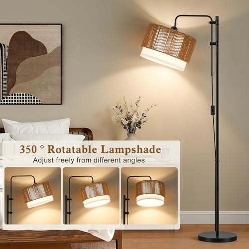 GyroVu Rattan Floor Lamps for Living Room, Farmhouse Boho Arc Standing Lamp, 3 Color Temperatures LED Bulb Included, Handwoven Tall Lamps for Bedroom, Home Office, Corner - color: Black+Rattan