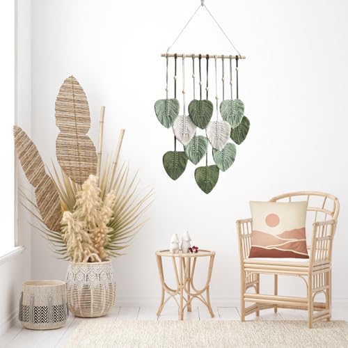 LB Macrame Wall Hanging Decor, Boho Chic Feather Wall Decor Macrame Photo Wall Hanging Handmade Yarn Woven Wall Art Green Leaf Tapestry for Bedroom Living Room Nursery Office Backdrop, 16x35 Inch - color: Green