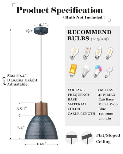 ELYONA 2 Pack Modern Hammered Pendant Lights 10.2” Blue Solid Wood Hanging Lamp, Adjustable Height, Industrial Metal Pendant Lighting for for Farmhouse, Kitchen Island, Dining Room,Bedroom,Bar,Office - color: Blue - 2 Pack