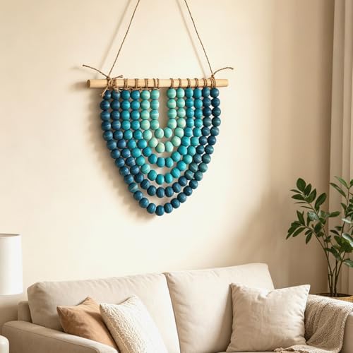 Boho Wooden Bead Garland Wall Hanging Tapestry Ombre Blue Gradient Handmade Wood Beaded Macrame Wall Art Natural Theme Wall Decor for Living Room Bedroom Nursery Dorm Coastal Home Office Decoration