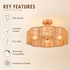 Hamilyeah Rattan Flush Mount Ceiling Light Fixture, 20 Inch Woven Scalloped Boho Ceiling Lamp, 4-Light Gold Ceiling Fixture with Hand-Woven Wicker Shade for Bedroom, Dining Room, Kitchen - color: Gold