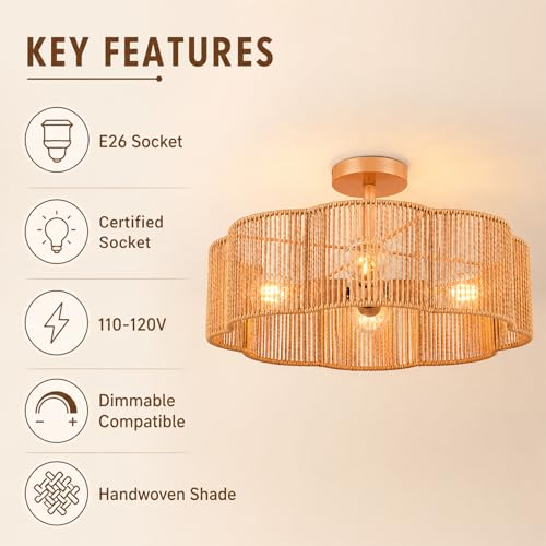 Hamilyeah Rattan Flush Mount Ceiling Light Fixture, 20 Inch Woven Scalloped Boho Ceiling Lamp, 4-Light Gold Ceiling Fixture with Hand-Woven Wicker Shade for Bedroom, Dining Room, Kitchen - color: Gold