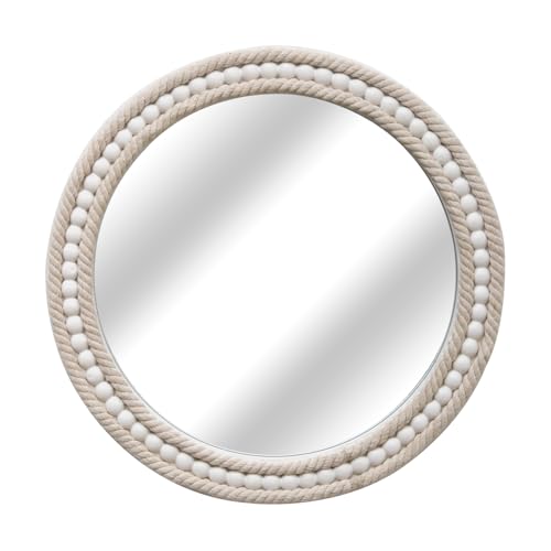 Boho Round Beaded Wall Mirror - 16 Inch Decorative Rope-Wrapped Circle Mirrors for Bathroom Living Room Entryway