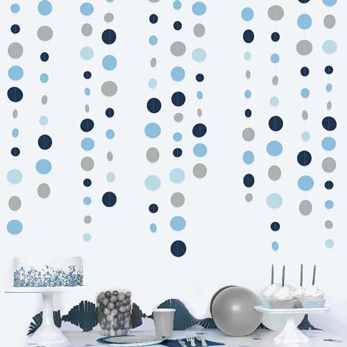 Dusty Blue Party Decorations Navy Blue Circle Dots Garland Gray Blue Hanging Paper Polka Dot Streamer for Wedding Baby Shower Engagement Bridal Shower Birthday Graduation Nautical Theme Party Supplies - color: Dusty Blue