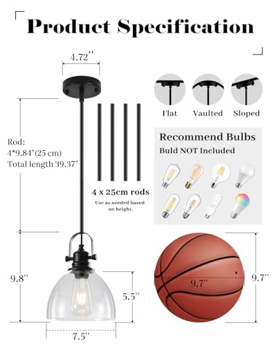 Pendant Lights Kitchen Island, 7.5 Inch Glass Pendant Lights Kitchen Island, Black Pendant Lighting with Adjustable Rod, Industrial Hanging Island Pendant Light for Kitchen, Bedroom (2 Pack) - color: Clear Glass-Black+Rod, size: 2-Pack