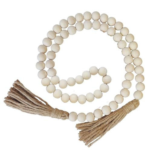 Boho Decor Wood Beads Garland Farmhouse Wall Hanging Decorations Natural Wooden Bead Tassel Decorative for Coffee Table Christmas and Prayer (Nature, 39") - color: Nature, size: 39"