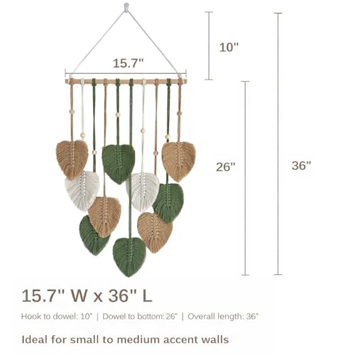 TUDRUKU Macrame Wall Hanging, Green Leaf Boho Wall Decor, 15.7 x 36 in - color: Green