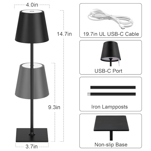 Kakanuo Cordless Rechargeable Table Lamp Black 5000mAh Battery Operated Lamps, 3 Colors Stepless Dimming Touch Lamp for Dining, Living Room, Outdoor Patio, Kitchen Counter, 4 Pack - color: Black 1, size: 4 Pack 14in - Up and Down Light