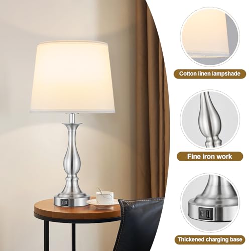 Bedside Table Lamp Touch Control Bedroom Lamps with USB A + C Charging Port 3 Way Dimmable Touch Lamps for Nightstand Living Room Bedroom Dorm Home Office Reading, Set of 2 (White Shade & Nickel Base) - color: White Shade & Nickel Base
