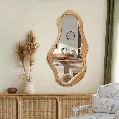 LuxenHome Asymmetrical Wall Mirror, 22"x 39" Natural Irregular Mirror for Wall Decor with Wood Frame, Wall Mirrors Decorative for Living Room, Bathroom, Bedroom, Dining Room, Entryway - color: Natural Wood