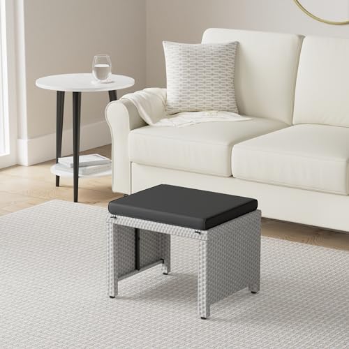 Best Choice Products Set of 2 Wicker Ottomans, Multipurpose Outdoor Furniture for Patio, Backyard, Additional Seating, Footrest, Side Table w/Removable Cushions, Steel Frame - Gray/Black - color: Gray/Black