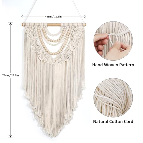 LOMOHOO Macrame Wall Hanging Boho Handmade Geometric Woven Tapestry Bohemian Wall Art Decor with Chic Wooden Beads Home Decor for Bedroom Living Room Apartment Dorm Gallery Wedding 16.5"x30" - color: Beige