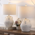JONATHAN Y 20.5" White Ceramic Pottery Jar Table Lamp Set of 2 for Bedroom Living Room, Rustic Coastal French Country Cottage Style, White Linen Shade, LED Bulbs Included JYL5502A-SET2