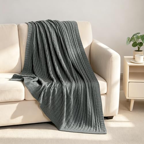 NTBAY 100% Pure Cotton Cable Knit Throw Blanket, Super Soft Warm 51x67 Knitted Throw Blanket for Couch, Sofa, Chair, Bed - Extra Cozy, Machine Washable, Comfortable Home Decor, Grey and White - color: Grey and White, size: Throw(51"x67")