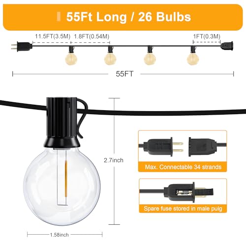 OHLUX Outdoor String Lights, 55FT Shatterproof LED Patio Lights with 26 Dimmable Plastic G40 Bulbs, 2200K Waterproof Connectable Hanging String for Backyard Cafe Porch Deck E12 Base - size: 55FT