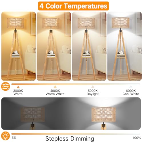 OUTON Boho Rattan Tripod Floor Lamp with Shelves, Remote Control, Dimmable Mid Century Modern Standing Lamp 58.5" for Bedroom, Living Room & Office, Lamp Shade Includes E26 9W Bulb, Wood - color: Wood & Rattan Shade
