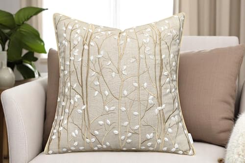 VAGMINE Embroidered Magnolia Branch Botanical 18x18 Throw Pillow Cover - Natural Linen Square Cushion for Sofa Couch Bed - Cottagecore Farmhouse Spring Decor - Forest - color: Natural-forest, size: 18" x 18" (Pack of 1)