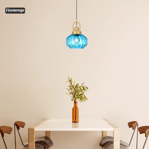 9in Mid Century Modern Pendant Light, Gold and Small Blue Glass | Vintage Lighting Fixture Ceiling Hanging Lamp for Kitchen Island Foyer Dining Room Bedroom Entryway Hallway Over Sink Table - color: Blue & Gold Hardwire, size: 9in