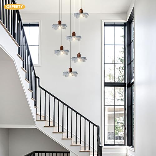 6-Light Blue Glass Flower Chandelier, Adjustable Height Staircase Pendant Light, Modern Mid Century Floral Hanging Ceiling Fixture for Living Room Dining Room Foyer Entryway - color: Blue, 6 Lights