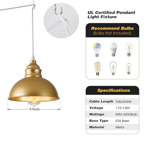 Plug in Pendant Light, 15FT Hanging Lights, On/Off Switch, Industrial Pendant Light with Plug in Cord, Metal Hanging Lamps for Living Room, Kitchen, Dining Room Gold - color: Gold