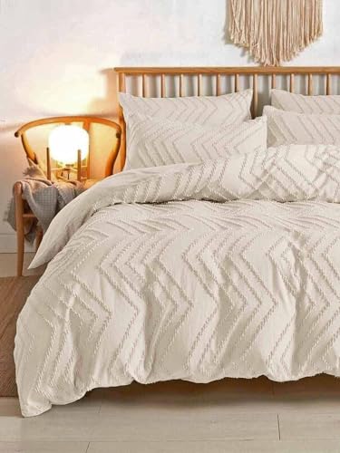 Nanko Beige Duvet Cover Full Size, 3pc Boho Tufted Microfiber Bedding Comforter Cover Set, All Season Aesthetic Shabby Chic Soft Embroidery Textured Geometric Quilt Cover (80x90) - color: Cover(not Comforter)-beige Tufted, size: Full