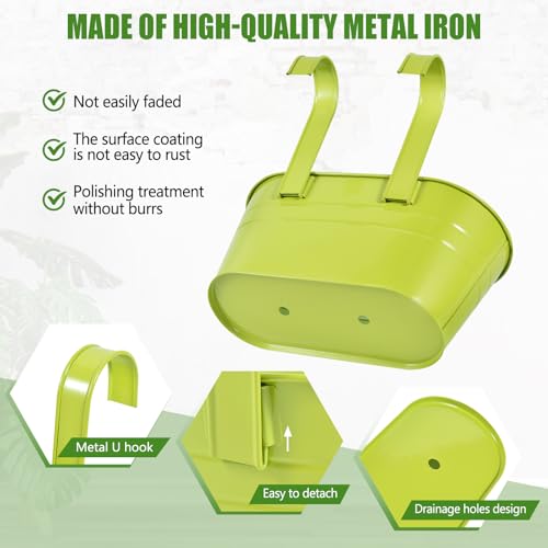 OBTANIM 4 Pack Metal Hanging Flower Pots Iron Railing Planter Outdoor Fence Hanging Pots Bucket Plant Holder with Detachable Hooks Drain Holes for Home Garden Yard Decor (Green) - color: Green