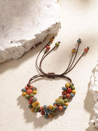 MINACHI Bohemian Colorful Ceramic Bead Adjustable Cord Bracelet, Hippie Boho Summer Fashion Jewelry Gift for Women - color: S03