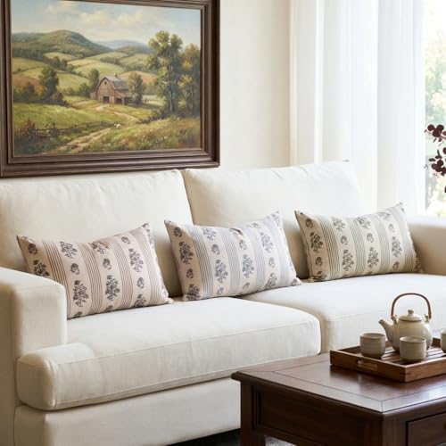 Amor Virisso Floral Throw Pillow Covers 12 x 20 Set of 2 Block Print Pillow Covers Neutral Floral Striped Farmhouse Decorative Pillow Covers for Sofa Couch Bed, Light Blue - color: Light Blue, size: 20" x 12" (Pack of 2)