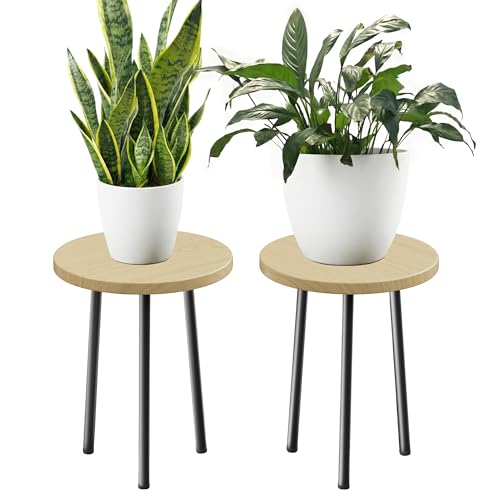 Plant Stand for Indoor 2 Pack: Plant Table 14inch Wooden & Metel Heavy Duty Plants Stool - Mid Century Modern Design for Bedroom/Living Room/Patio/Garden - color: Burlywood, size: 14"&14"
