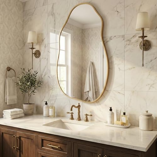 Asymmetrical Wall Mirror 36"x20", Large Irregular Wavy Mirror for Bathroom Vanity, Matte Gold Rust Proof Aluminum Frame, Tempered Glass Horizontal or Vertical Hanging for Living Room Decor - color: Gold, size: 36"L x 20"W