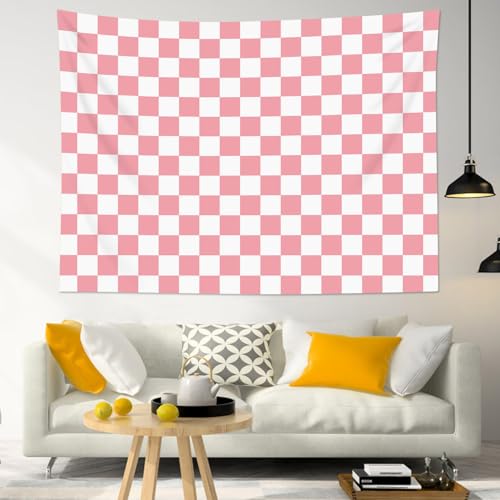 HVEST Pink Tapestry Pink Checkered Pattern Wall Tapestry for Bedroom Living Room Checkered Backdrop Birthday Party Backdrop Decor, 51L x 59W Inches - color: Pink, size: 51"L x 59"W