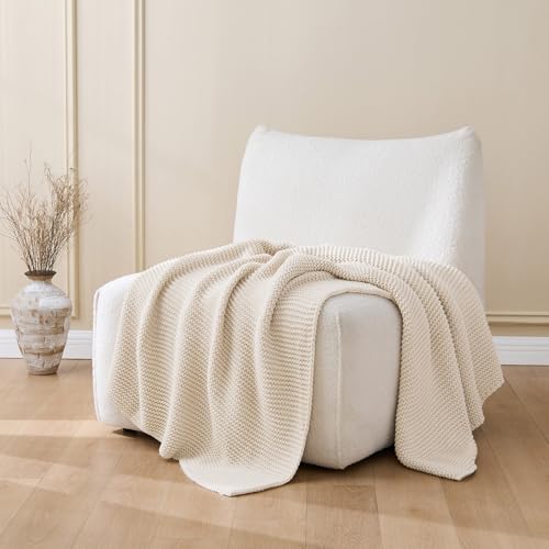 Beige Throw Blanket for Couch, Rustic Knit Throw Blanket, Soft Cozy Stretchy Reversible Garter Knitted Blankets for Bed, 60"x80", Ivory Beige - color: Beige, size: 60"x80"