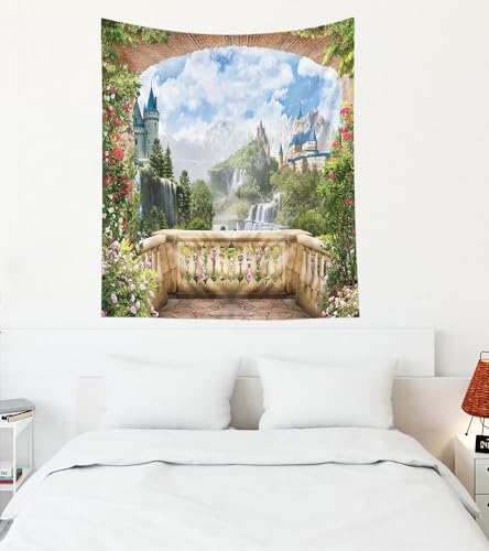 EMMTEEY Scenic Tapestry View from Balcony of Waterfalls with Castles - Living Room 50x60 Inches Present for Families - color: Balcony Scenic, size: 50"L x 60"W