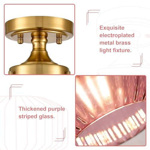 Purple Flush Mount Ceiling Light Fixtures，1-Light Gold Light Fixture with Seeded Purple Glass Shade, 11.02 Inch Industrial Ceiling Lamp for Hallway Foyer Porch - color: Purple