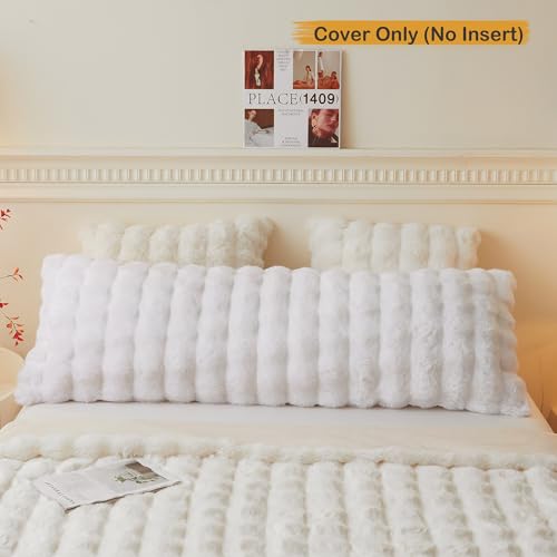 LIFEREVO Fluffy Faux Rabbit Fur Body Pillow Cover, Luxury Bubble Waffle Shaggy Plush Bed Body Pillowcase with Zipper Closure, Long 20"x54" Fuzzy Furry Pillow Case for Adults Kids Girls Teens, White - color: White