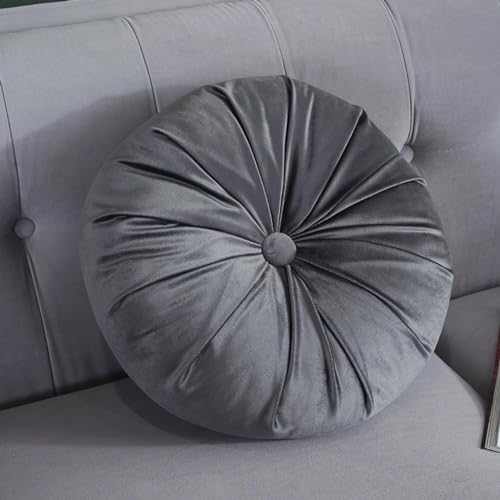 Round Throw Pillow 13.7” Dutch Velvet Pleated Round Pumpkin Throw Pillow Couch Pillows Floor Cushions for Sofa Chair Bed Car Living Room Home Decoration, Grey - color: Grey