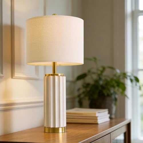 USumkky 25.75" Off-White Ceramic Table Lamp Set of 2, Mid Century Modern Bedside Nightstand Lamps for Bedroom Living Room, Linen Shade & Gold Metal Base, Rotary Switch E26 (Bulbs Excluded) - color: 25.75" Fluted Column-2 Pack