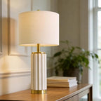 USumkky 25.75" Off-White Ceramic Table Lamp Set of 2, Mid Century Modern Bedside Nightstand Lamps for Bedroom Living Room, Linen Shade & Gold Metal Base, Rotary Switch E26 (Bulbs Excluded) - color: 25.75" Fluted Column-2 Pack