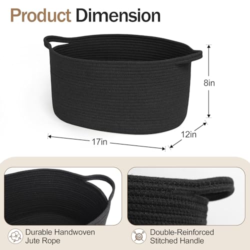 MEGASKET Black Woven Storage Basket, 17"x12"x8" Cotton Rope Baskets for Organizing Dog Toy, Gift, Book, Towel, Cloth, Shoe, Decorative Wicker Storage Bin for Shelves, Closet, Bathroom, Living Room - color: Black